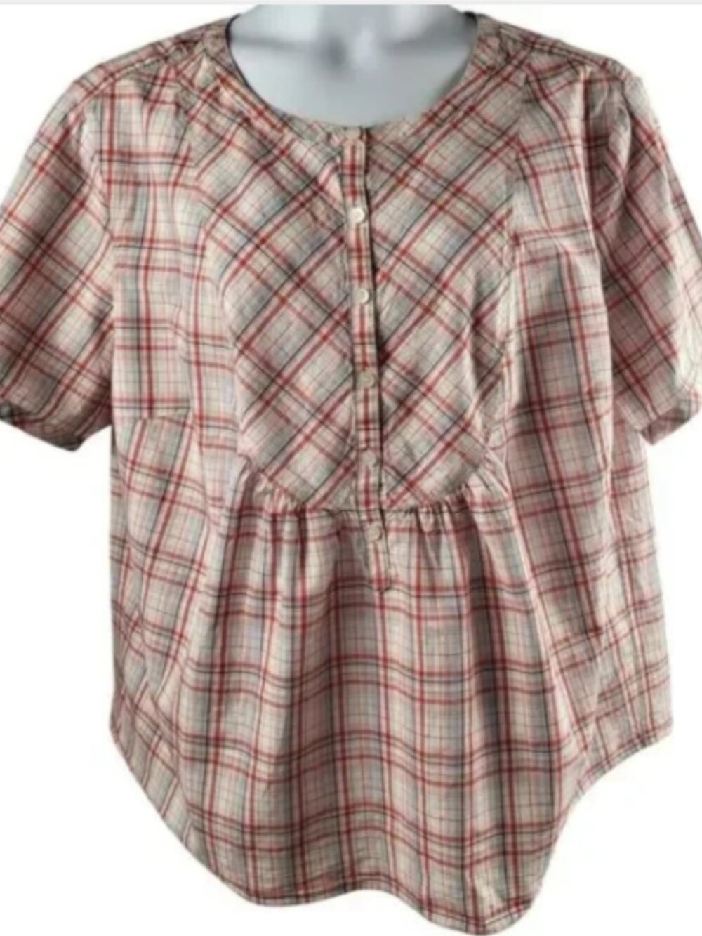 Liz Claiborne Size 3X Multi-Color Plaid All Cotton Blouse Short Sleeve Shirred - Picture 4 of 13